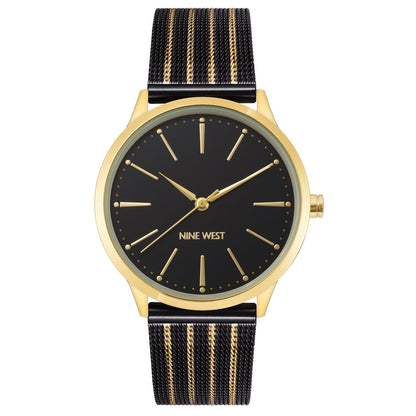 Nine West Damen Analog Quarzuhr mit goldfarbenem Metallgehäuse und Metallarmband, schwarzes Zifferblatt