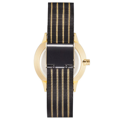 Nine West Damen Analog Quarzuhr mit goldfarbenem Metallgehäuse und Metallarmband, schwarzes Zifferblatt