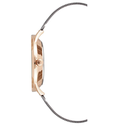 Nine West Damen Analog Quarzuhr mit roséfarbenem Metallgehäuse und Metallarmband, graues Zifferblatt