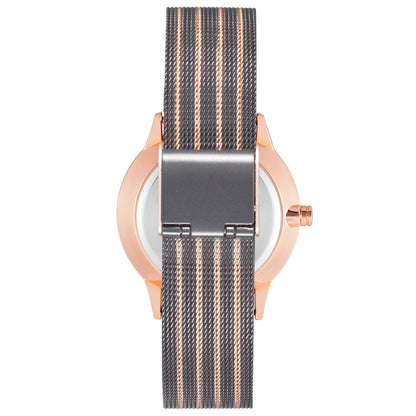 Nine West Damen Analog Quarzuhr mit roséfarbenem Metallgehäuse und Metallarmband, graues Zifferblatt