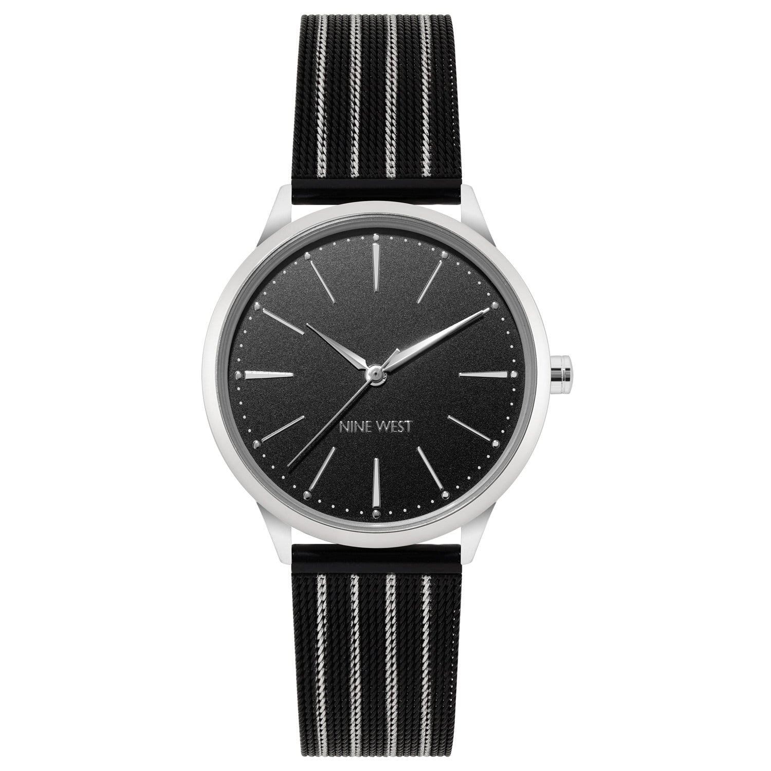 Nine West Damen Analog Quarzuhr mit silberfarbenem Metallgehäuse und Metallarmband, schwarzes Zifferblatt
