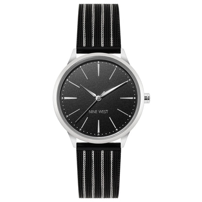 Nine West Damen Analog Quarzuhr mit silberfarbenem Metallgehäuse und Metallarmband, schwarzes Zifferblatt