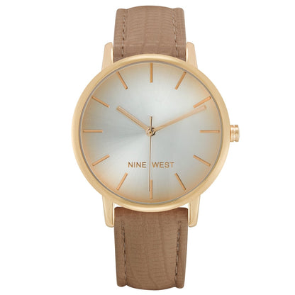 Nine West Damen Analog Quarzuhr mit roséfarbenem Metallgehäuse und Metallarmband, graues Zifferblatt