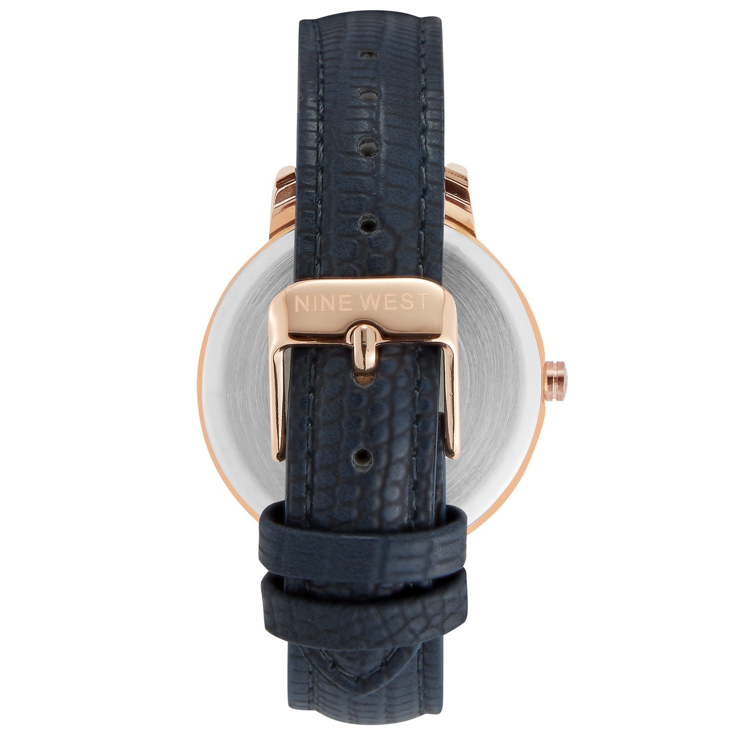 Nine West Damen Analog Quarzuhr mit roséfarbenem Metallgehäuse und Metallarmband, dunkelblaues Zifferblatt