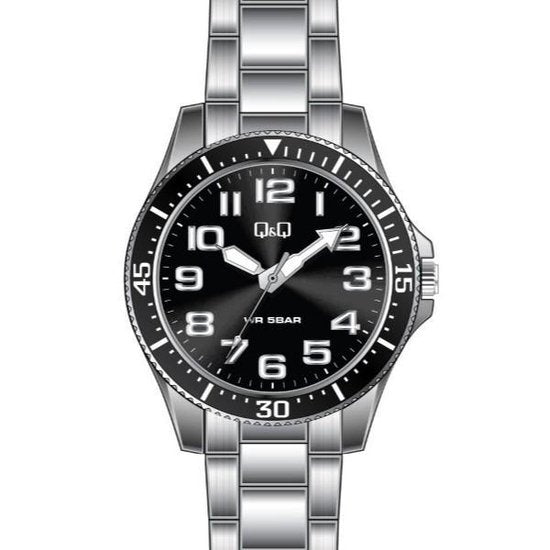 Q and Q Herrenuhr 43mm mit silbernem Metallarmband QB64J225Y