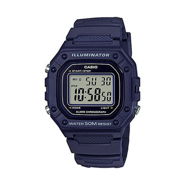 Casio Digitale Quarzuhr mit Resin Gehäuse und Resinarmband, blaues Display (50 m)