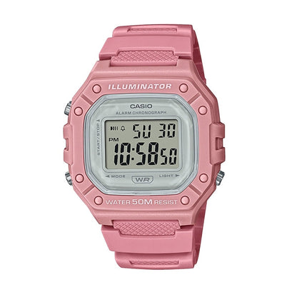 Casio Digitale Quarzuhr mit Resin Gehäuse und Resinarmband in Rosa, violettes Display (50 m)
