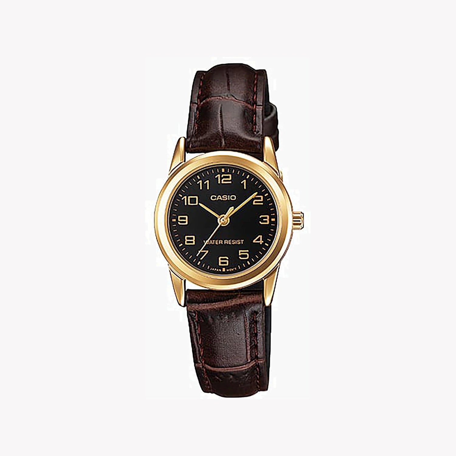 Casio Damen Analog Quarzuhr mit goldfarbenem Metallgehäuse und braunem Lederarmband, schwarzes Zifferblatt