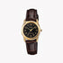 Casio Damen Analog Quarzuhr mit goldfarbenem Metallgehäuse und braunem Lederarmband, schwarzes Zifferblatt