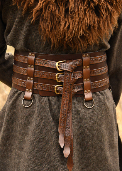 Wikinger Ledergürtel mit Drachen &amp; Knotenmuster, Braun
