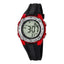 Montre numérique pour enfants avec boîtier rouge, bracelet en plastique noir, chronomètre et alarme (environ 36,6 mm)