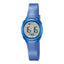 Petite montre numérique en plastique avec bracelet en PU bleu, chronomètre, alarme et lumière (environ 27,5 mm)