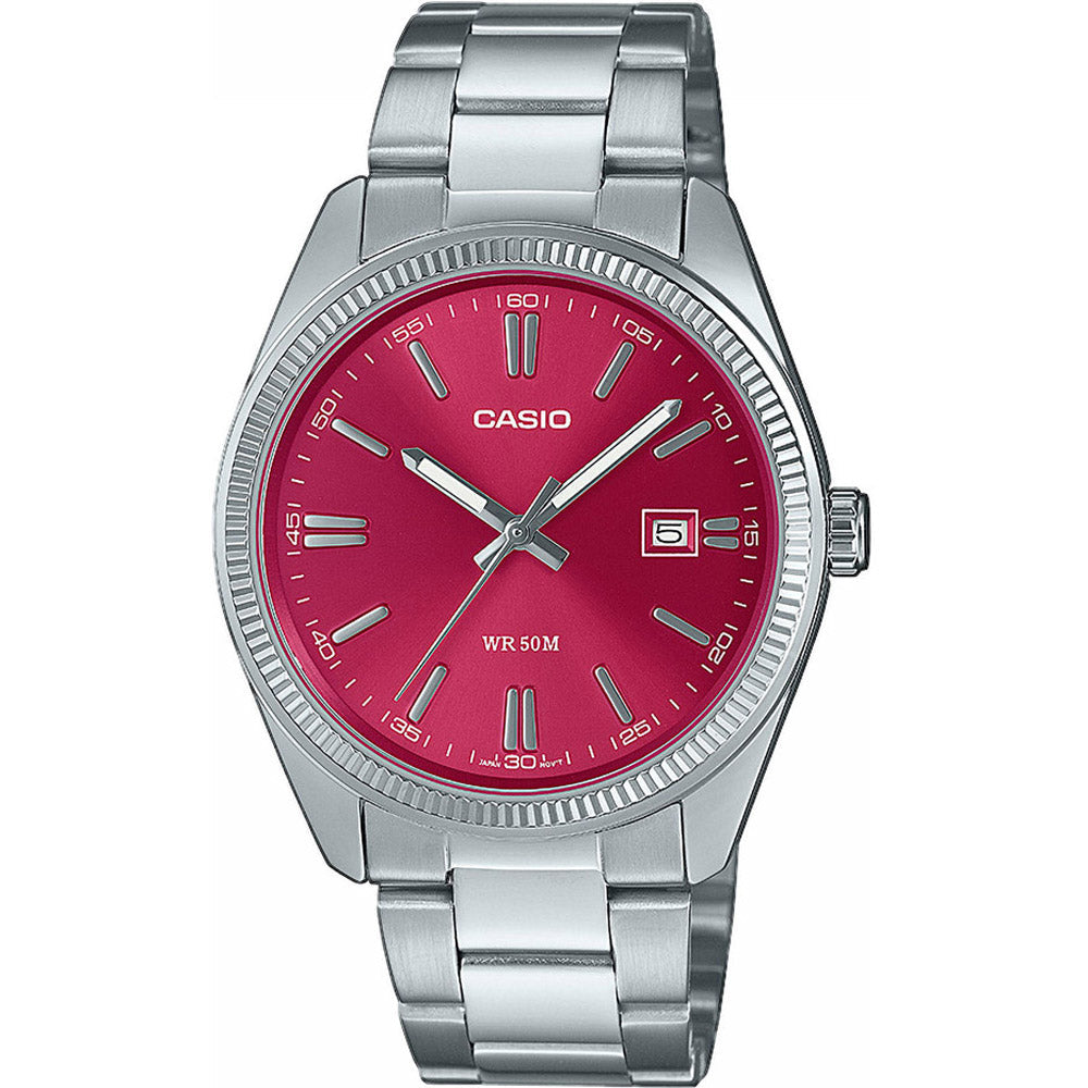 Casio Herren Analog Quarzuhr mit Edelstahlgehäuse und Lederarmband, schwarzes Zifferblatt mit Datumsanzeige