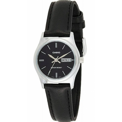 Casio Damen Analog Quarzuhr mit Edelstahlgehäuse und Edelstahlarmband, schwarzes Zifferblatt