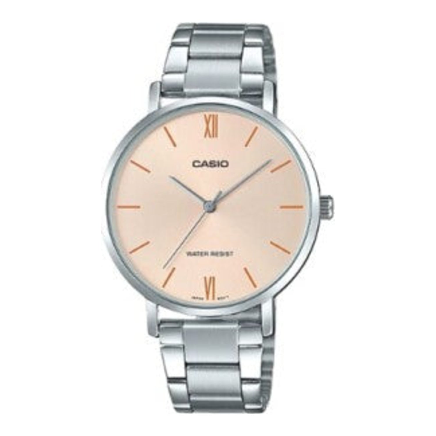 Montre Casio pour femme, analogique à quartz, boîtier et bracelet en acier inoxydable, cadran or rose.