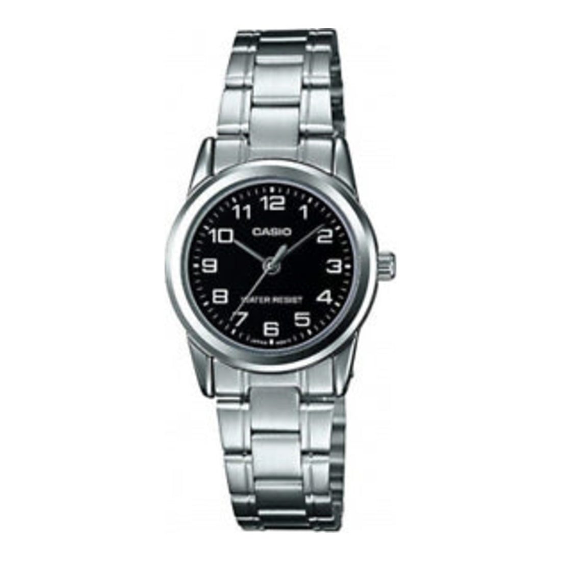 Casio Damen Analog Quarzuhr mit Edelstahlgehäuse und Edelstahlarmband, schwarzes Zifferblatt