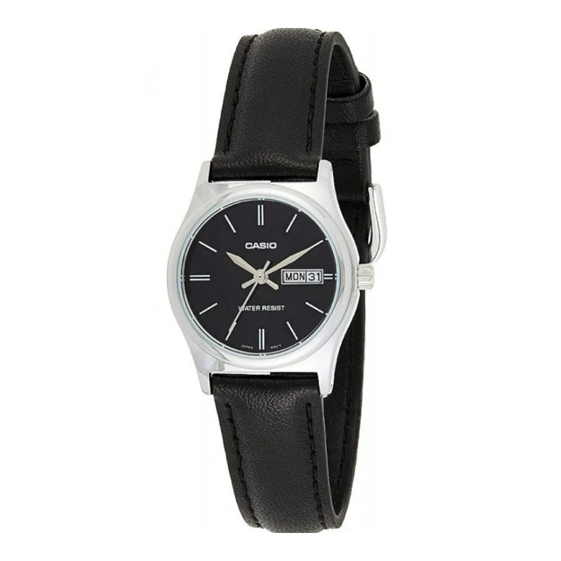 Casio Damen Analog Quarzuhr mit Edelstahlgehäuse und Edelstahlarmband, schwarzes Zifferblatt