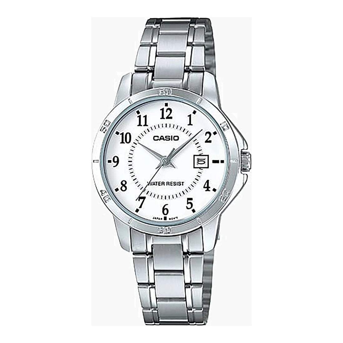 Casio Damen Analog Quarzuhr mit Edelstahlgehäuse und Edelstahlarmband, weißes Zifferblatt mit Datumsanzeige