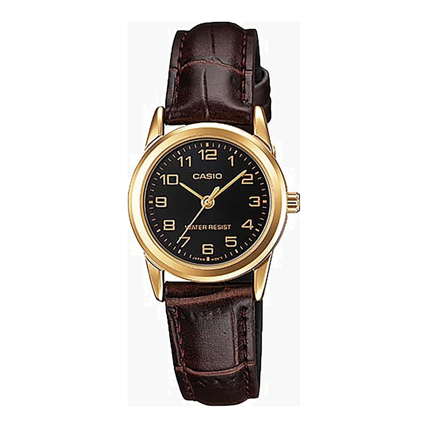 Montre Casio pour femme, analogique à quartz, boîtier en métal doré, bracelet en cuir marron et cadran noir.