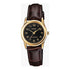 Casio Damen Analog Quarzuhr mit goldfarbenem Metallgehäuse und braunem Lederarmband, schwarzes Zifferblatt