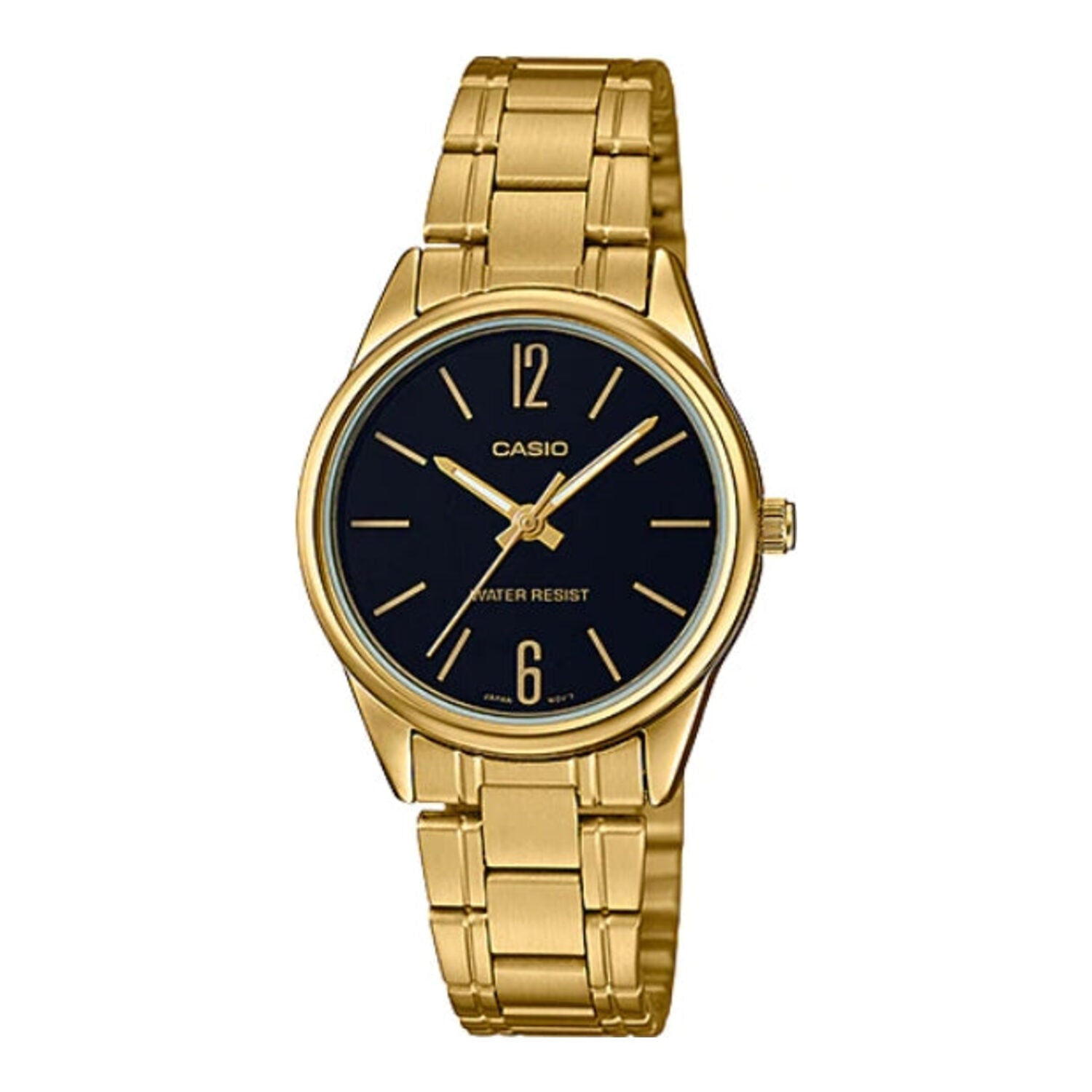 Montre Casio pour femme, analogique à quartz, boîtier en métal doré, bracelet en acier inoxydable et cadran noir.