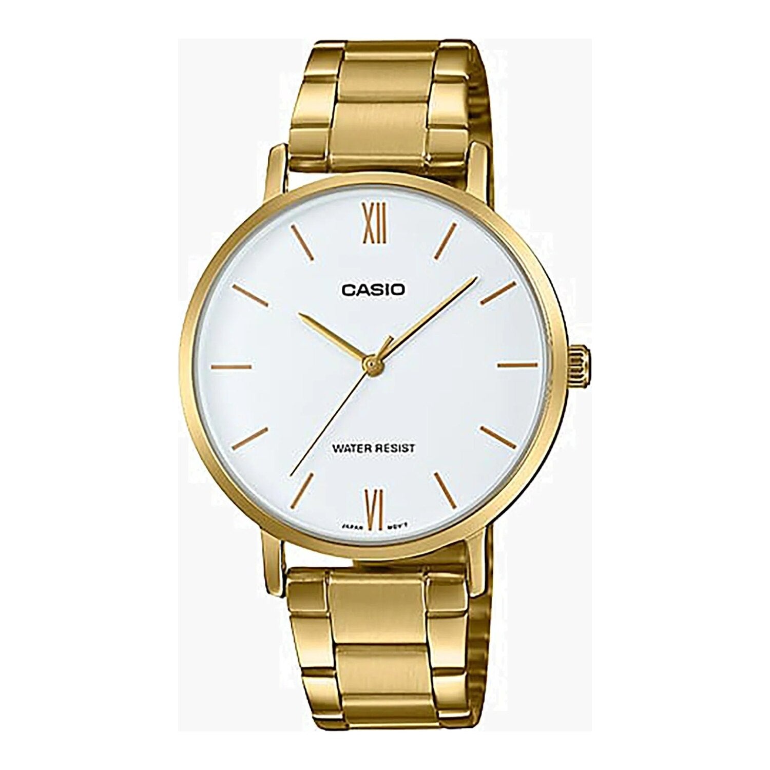 Montre Casio pour femme, analogique à quartz, boîtier en métal doré, bracelet en acier inoxydable et cadran blanc.