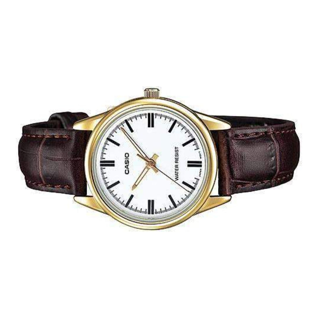 Casio Damen Analog Quarzuhr mit goldfarbenem Metallgehäuse und Lederarmband, champagnerfarbenes Zifferblatt