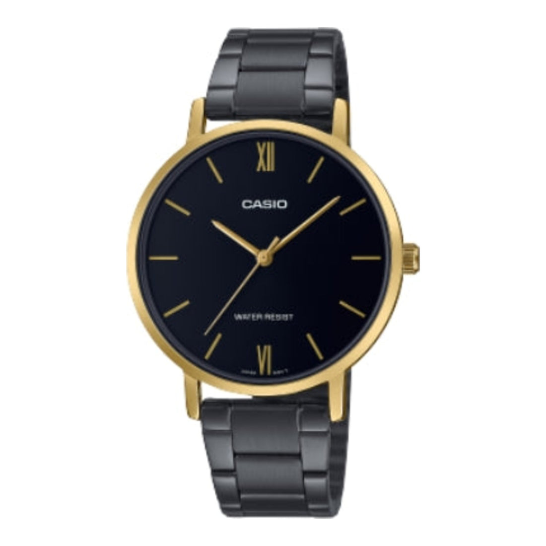 Casio Damen Analog Quarzuhr mit goldfarbenem Metallgehäuse und schwarz ionenplattiertem Edelstahlarmband, schwarzes Zifferblatt