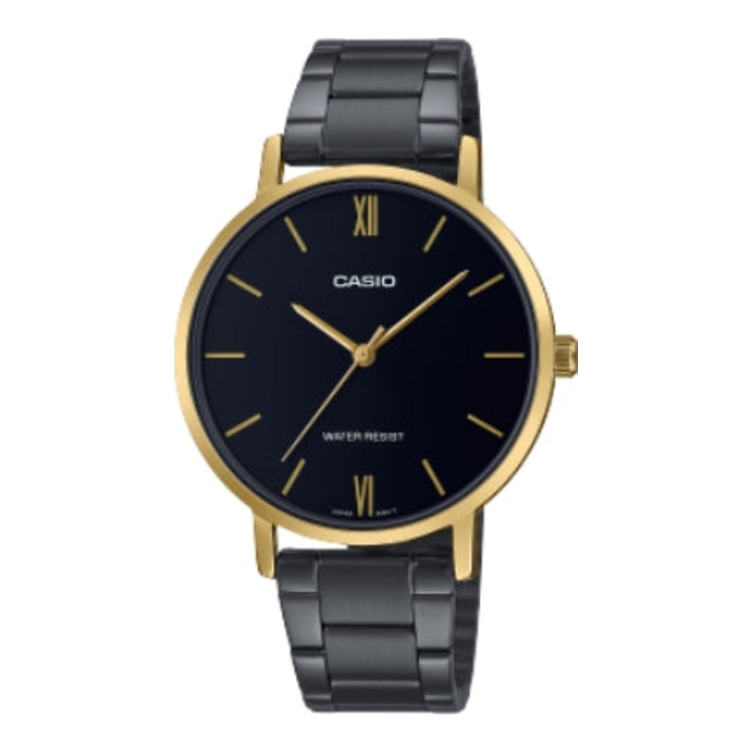 Montre Casio pour femme, à mouvement quartz analogique, boîtier en métal doré, bracelet en acier inoxydable plaqué ion noir et cadran noir.