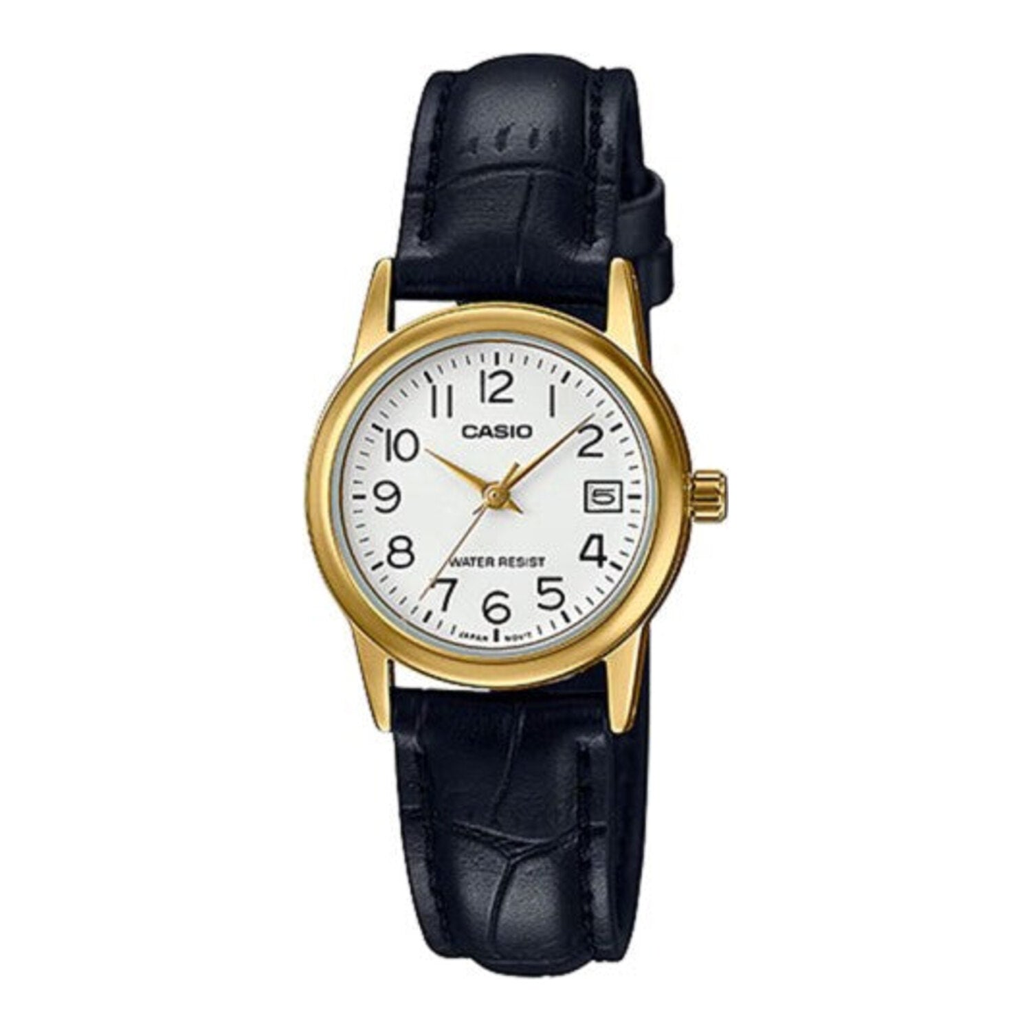 Montre Casio pour femme, analogique à quartz, avec boîtier en métal doré, bracelet en cuir noir et cadran blanc avec affichage de la date.