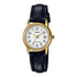 Casio Damen Analog Quarzuhr mit goldfarbenem Metallgehäuse und schwarzem Lederarmband, weißes Zifferblatt mit Datumsanzeige