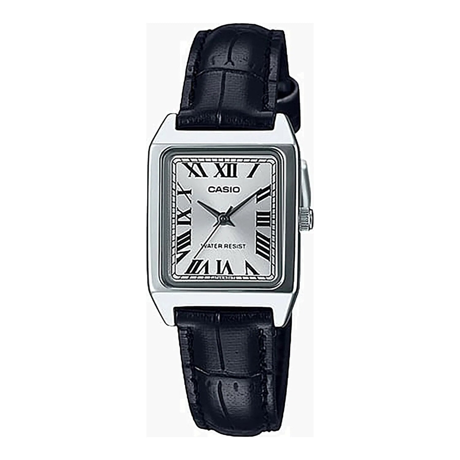 Montre Casio pour femme, analogique à quartz, boîtier en métal, bracelet en cuir et cadran noir.