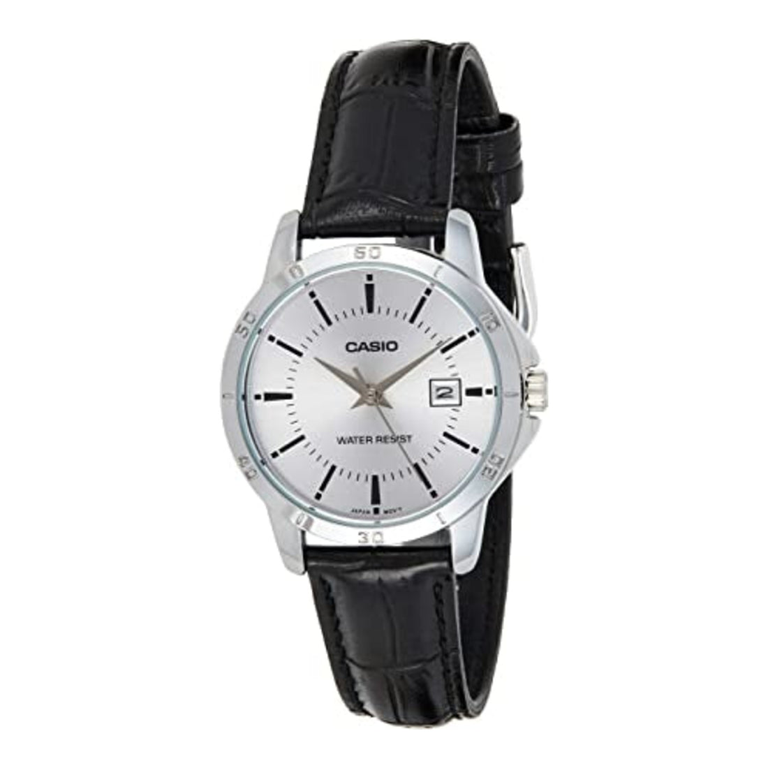 Casio Damen Analog Quarzuhr mit Metallgehäuse und Lederarmband, weißes Zifferblatt