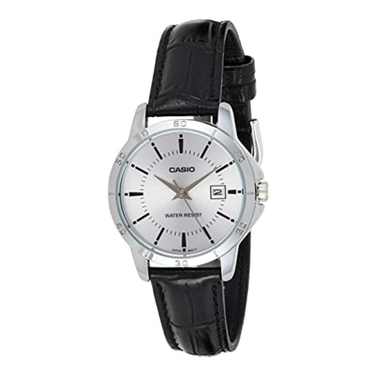 Montre Casio pour femme, analogique à quartz, boîtier en métal, bracelet en cuir et cadran blanc.