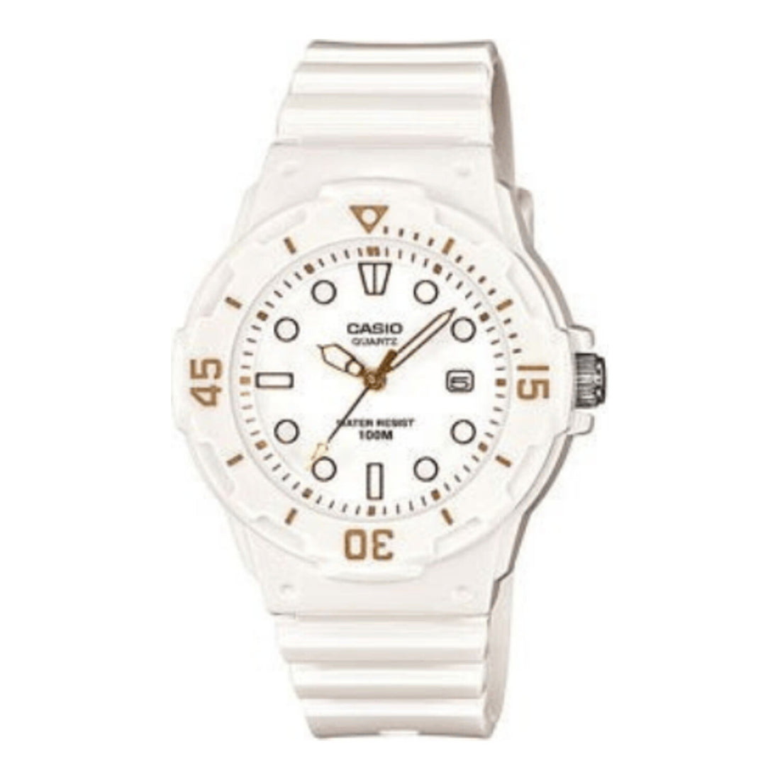 Damen Analoguhr_im_Taucherstil_mit_hellem_Resinarmband_Drehlnette_und_Datum