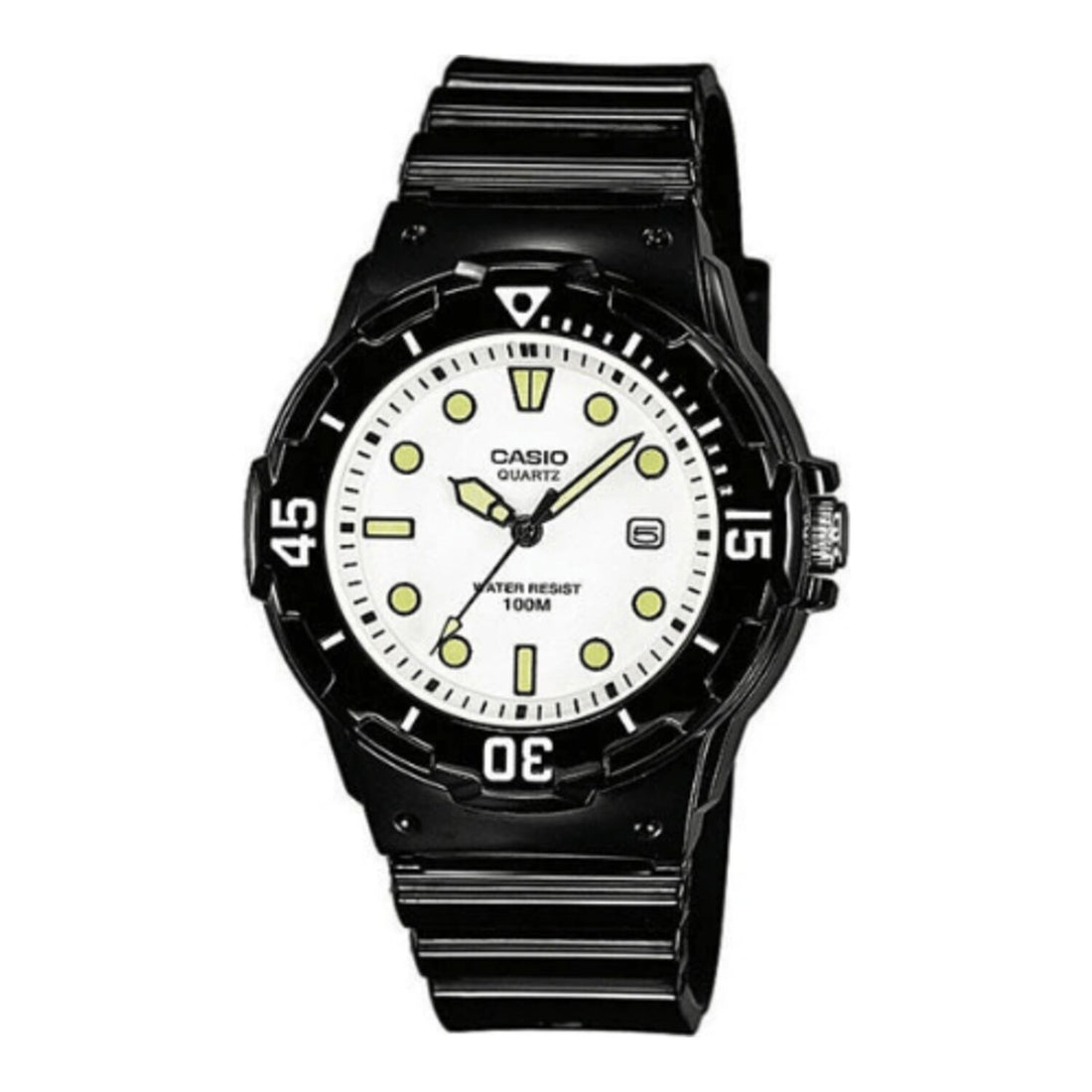 Damen Analoguhr_im_Taucherstil_mit_weiem_Resinarmband_Drehlnette_und_Datum