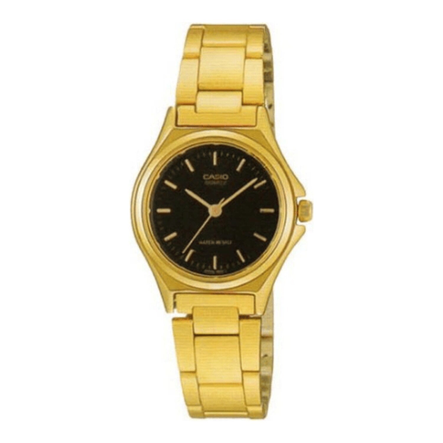 Montre à quartz pour femme, aspect doré, cadran noir et bracelet en acier inoxydable