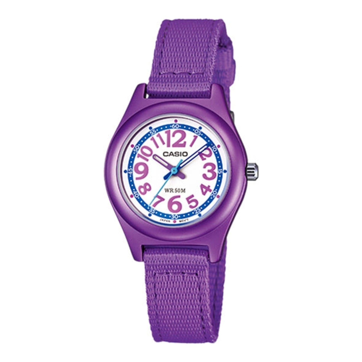 Montre Casio pour femme à quartz, au design sportif, avec bracelet en résine violette et affichage de la date.