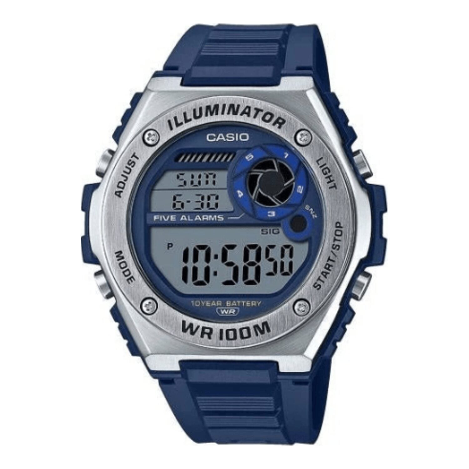 Montre à quartz numérique avec boîtier et bracelet en résine, affichage bleu, pile d&