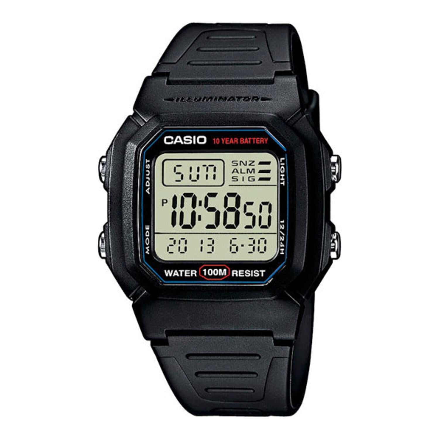 Montre de sport numérique Casio étanche à 100 m, avec chronomètre, alarme et éclairage LED.