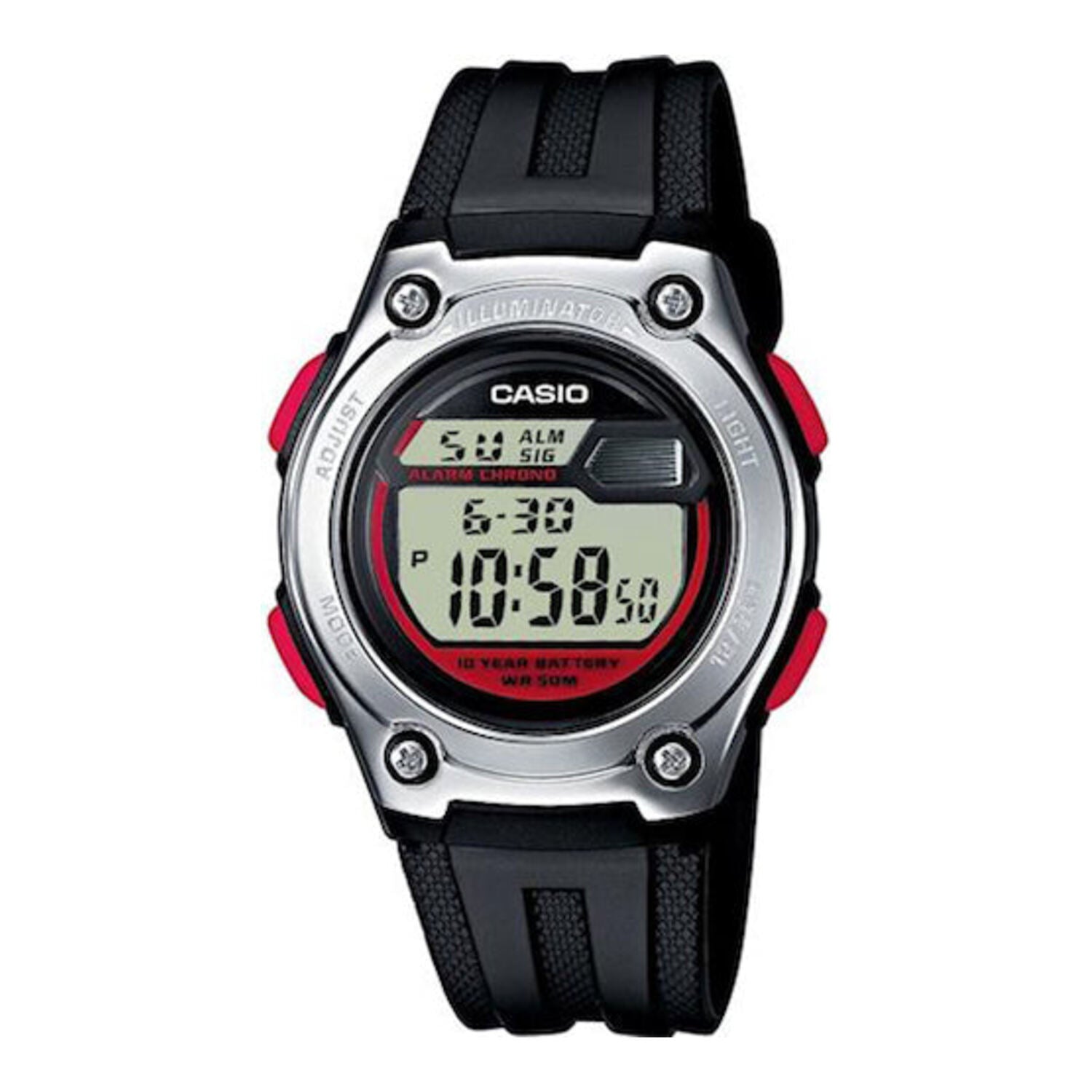 Montre de sport numérique Casio avec chronomètre, alarme et rétroéclairage LED, noire.