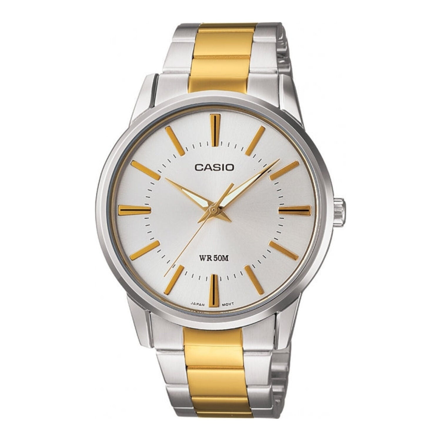 Montre Casio pour homme, analogique à quartz, bracelet bicolore en acier inoxydable, verre minéral et cadran blanc.