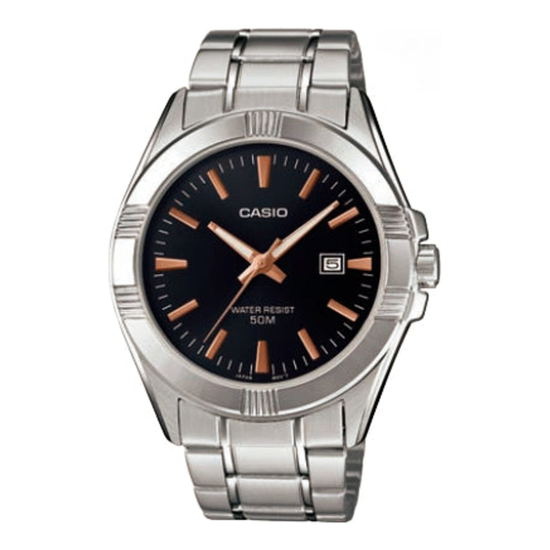 Casio Herren Analog Quarzuhr mit Edelstahlgehäuse und Edelstahlarmband, schwarzes Zifferblatt