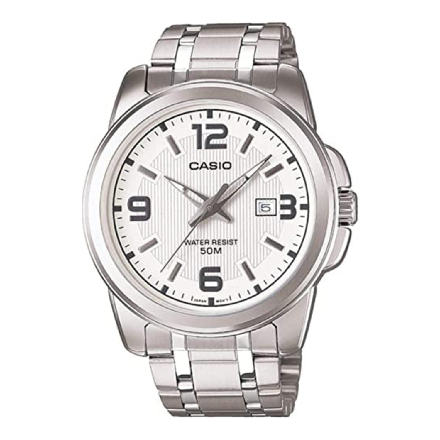 Montre Casio pour homme, analogique à quartz, boîtier et bracelet en acier inoxydable, cadran blanc