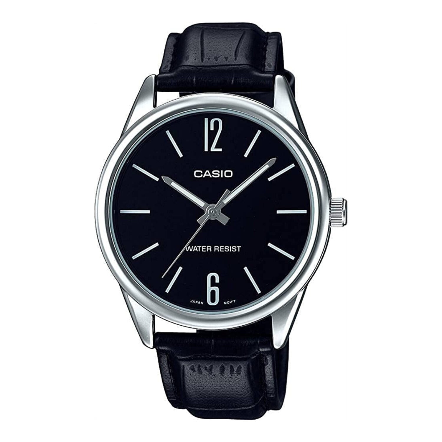Montre Casio pour homme, analogique à quartz, boîtier en acier inoxydable, bracelet en cuir et cadran noir.