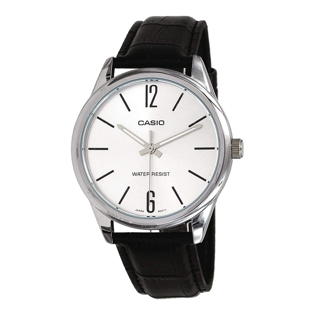 Casio Herren Analog Quarzuhr mit Edelstahlgehäuse und Lederarmband, weißes Zifferblatt