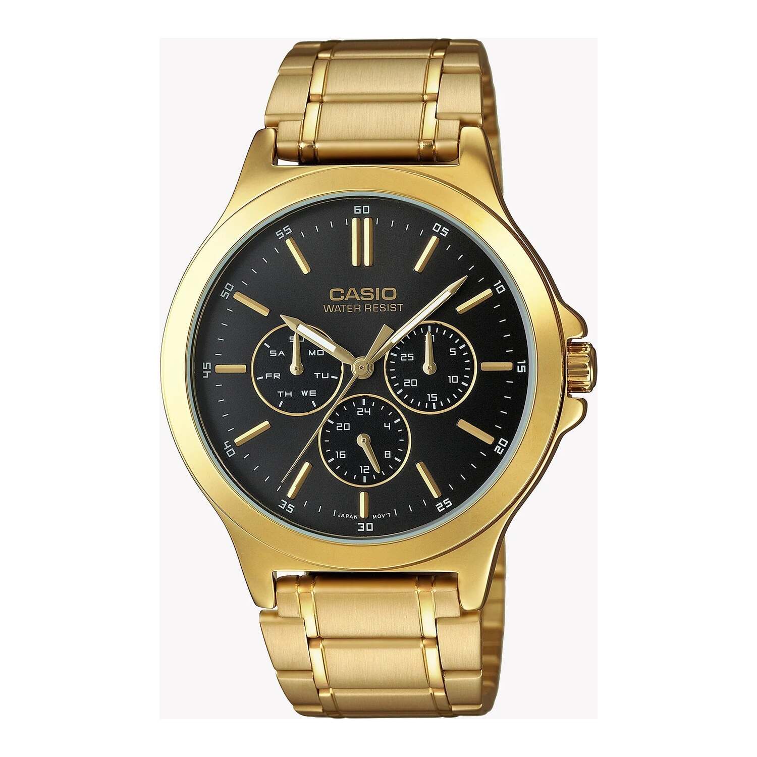 Montre Casio pour homme, analogique à quartz, avec boîtier et bracelet en acier inoxydable doré, cadran noir et affichages multifonctions.