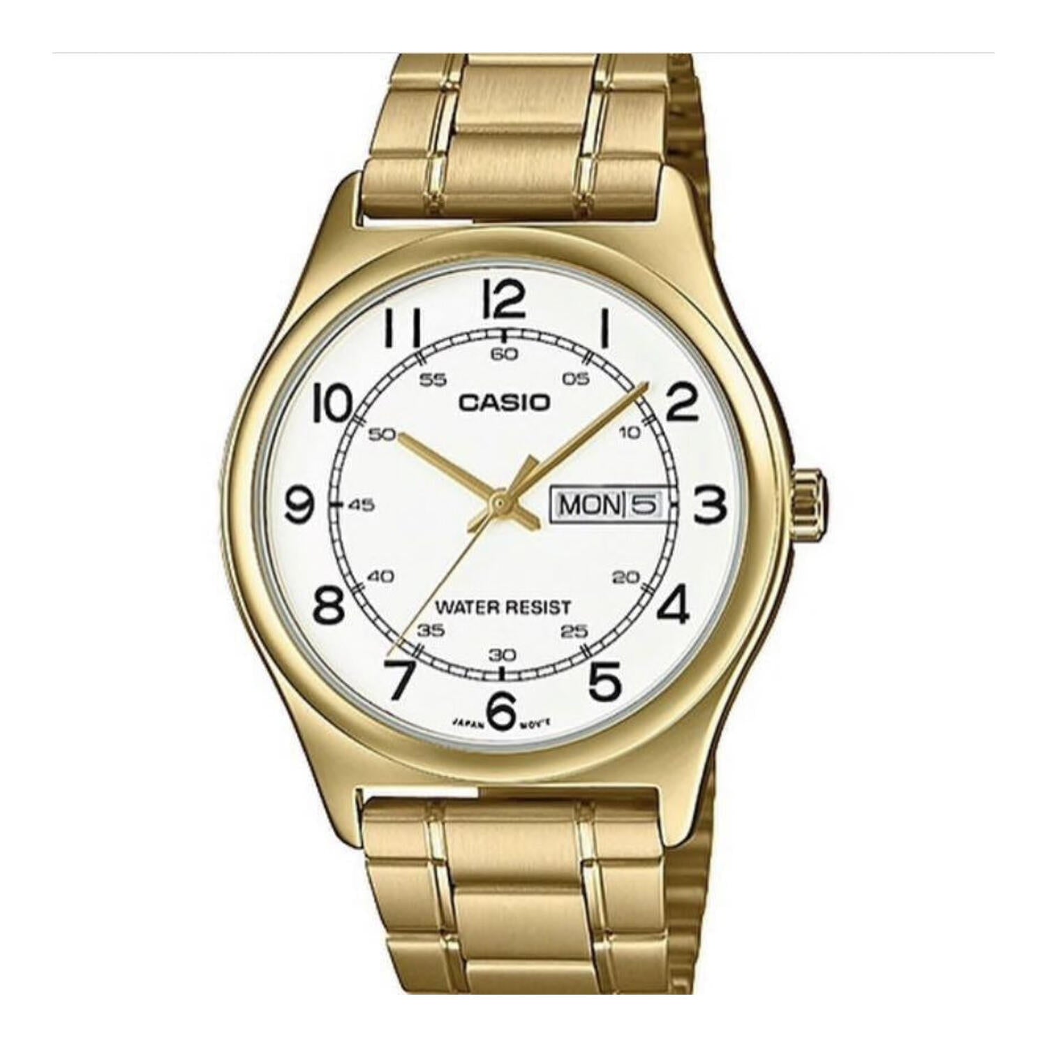 Montre Casio pour homme, analogique à quartz, avec boîtier en métal doré, bracelet en cuir, cadran blanc affichant le jour de la semaine et la date.