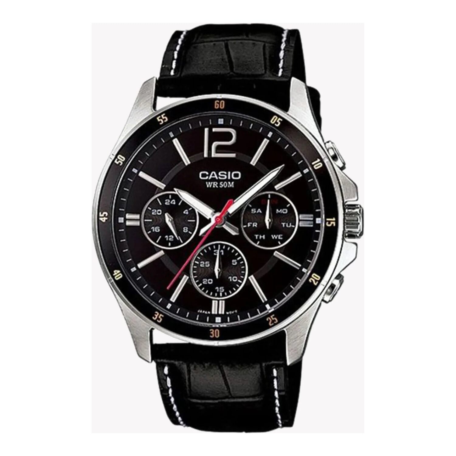 Montre Casio pour homme, analogique à quartz, avec boîtier en métal plaqué ion et bracelet en cuir, cadran noir avec affichage du jour de la semaine et de la date (50 m)