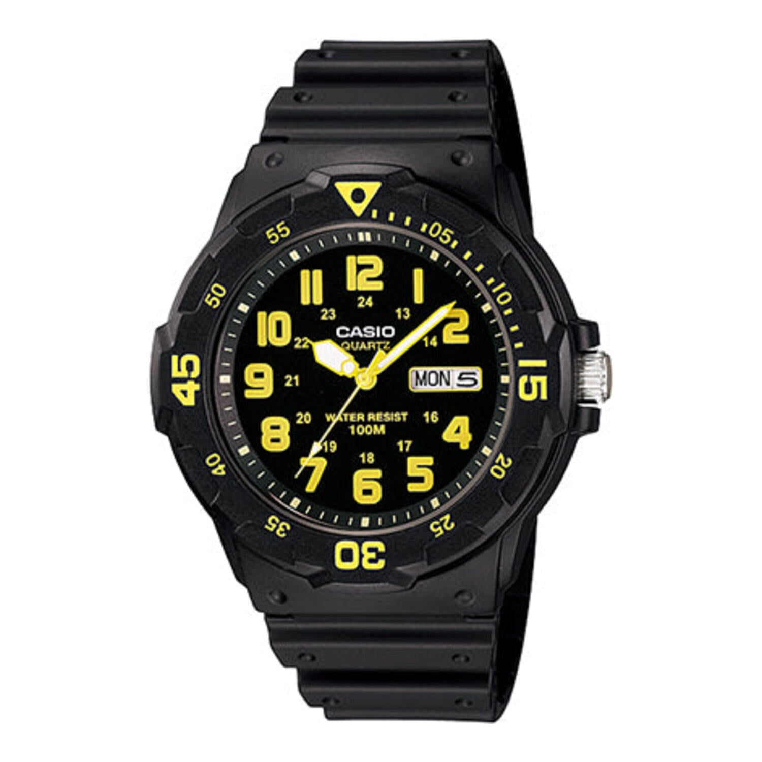 Montre analogique Casio pour homme, au design sportif, avec bracelet en résine jaune, lunette tournante et affichage de la date.